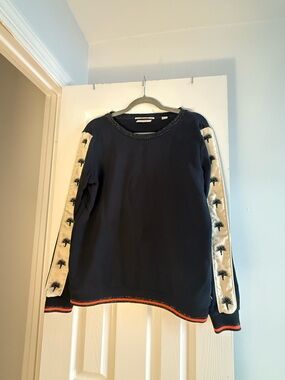 Scotch & Soda Navy Crewneck Sweater with Cream Embroidered Sleeve Panels